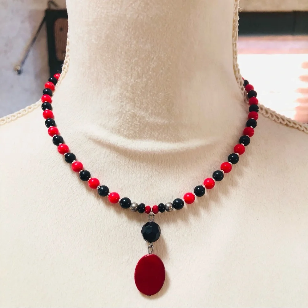 Handcrafted repurpose vintage red and black drop pendant beaded necklace